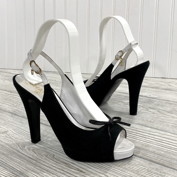 Chanel Black Canvas Peep Toe Slingback Heels - sz 37.5 - Picture 1 of 13